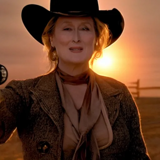 Prompt: meryl streep stars in a gunslinger spaghetti western, movie still, dramatic lighting, sunset