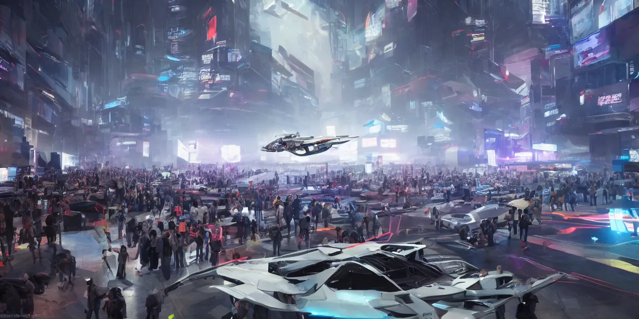 Prompt: cyberpunk exhibition full of hundreds of different hovercars, crowd watching and walking around exhibition site, enthusiastic spectators watching the race of flying vehicles in background, in the year 3 0 0 0, very high details, volumetric fog, raytracing, back light, raymarching, by ilm, by digital domain, by weta digital