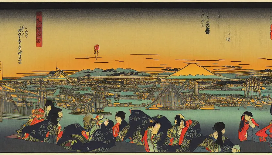 Image similar to sunset over the san francisco bay area by utagawa kunisada