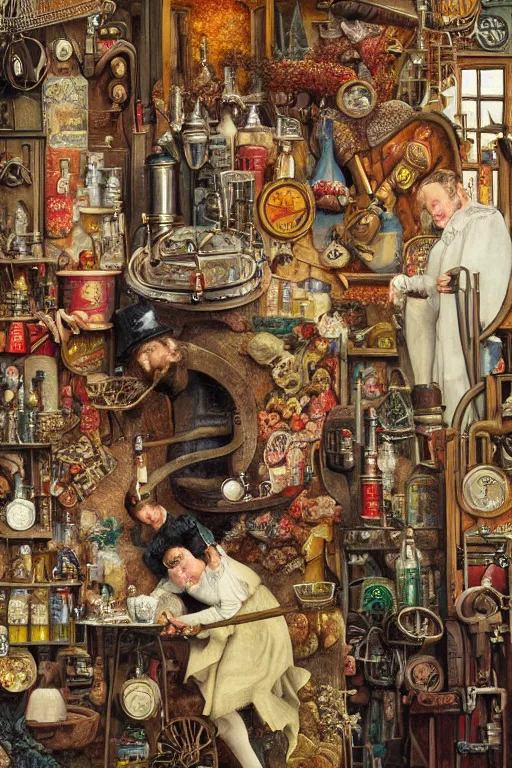 Prompt: an airbrush painting of an elaborate hidden object scene in a beer brewer's shed by destiny womack, gregoire boonzaier, harrison fisher, richard dadd