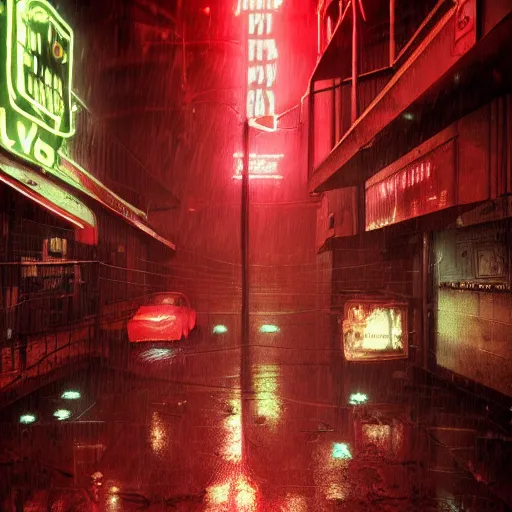 Prompt: gritty infamous mafia street neon by night under heavy rain with neon lights bleeping in red tones, dark, intricate, very detailed, science-fiction, trending on artstation, Nekro, Russ Mills, Taiyo Matsumoto, octane render, 4K