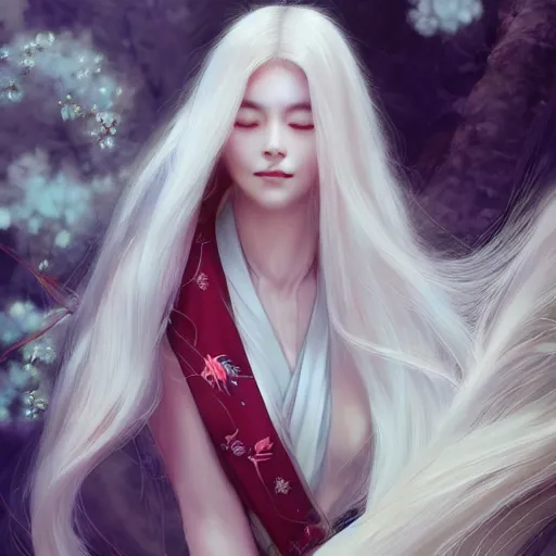 Image similar to a beautiful digital painting of a beautiful woman with long white hair wearing a kimono, by Stanley Artgerm Lau, WLOP, Rossdraws, James Jean, Andrei Riabovitchev, Marc Simonetti, and Sakimichan, trending on artstation, SFW version