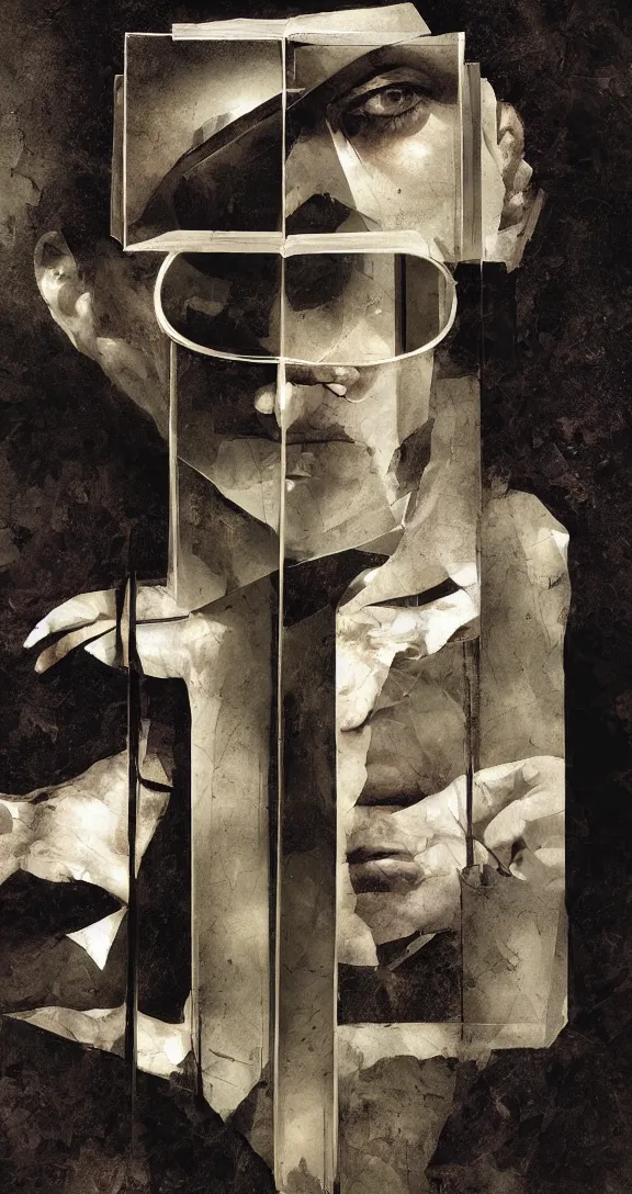 Prompt: Shatter glass in the mirror of you, book cover, highly detailed, minimalism, general human form, photorealistic, deep shadows, by Dave McKean