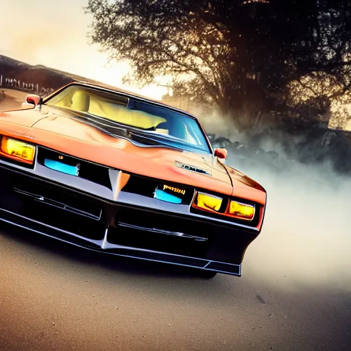 Prompt: black pontiac firebird trans - am with flames graphics on the chassis facing the camera, sunrise, cinematic, motionblur, sunbeams, volumetric lighting, wide shot, low angle, lightning