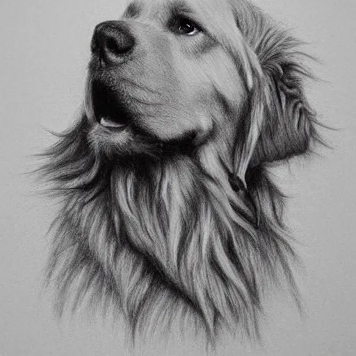 Prompt: finished 1 0 0 0 years old cave man drawing of a golden retriever, crayons. high details, photorealistic, artstation trending