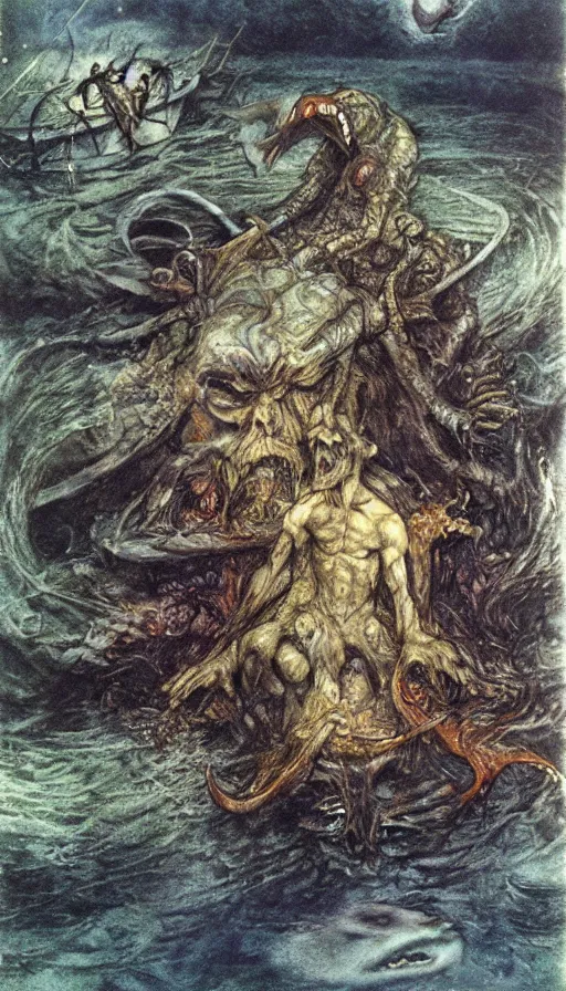 Image similar to man on boat crossing a body of water in hell with creatures in the water, sea of souls, by brian froud