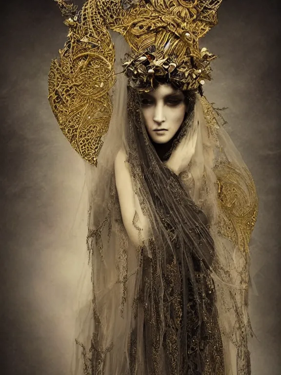 Prompt: a dark portrait render of a fallen angel,veiled, symmetry,dramatic headdress with intricate fractals of star,tassels,by Daveed Benito and Lawrence Alma-Tadema and Nekro and Enchanted doll and aaron horkey and peter gric,trending on pinterest,hyperreal,jewelry,gold,intricate,maximalist,golden ratio,cinematic lighting