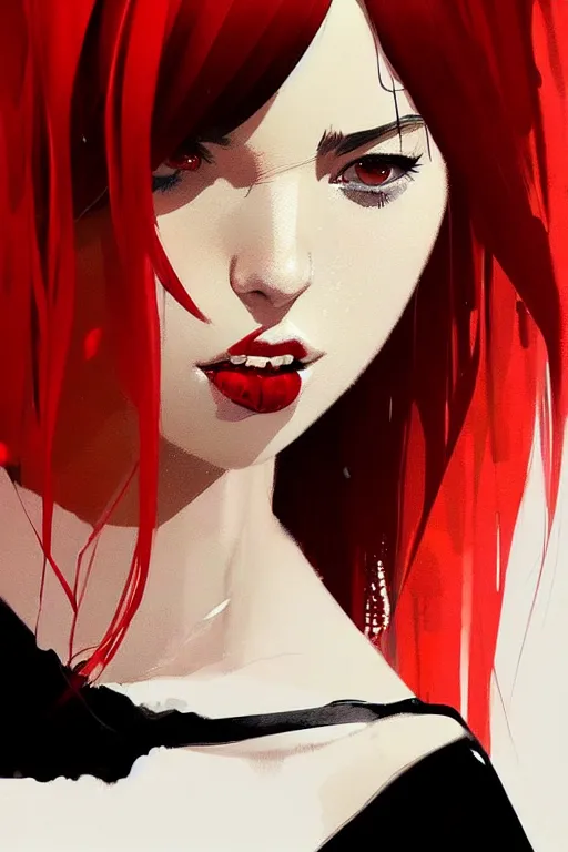 Image similar to a ultradetailed beautiful portrait panting of a stylish woman with red bangs, she is wearing a black dress, by conrad roset, greg rutkowski and makoto shinkai, trending on artstation