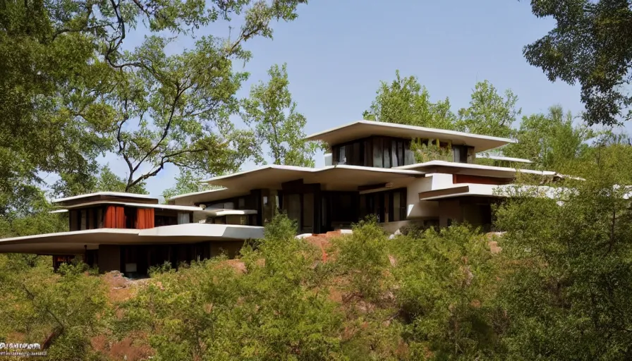 Prompt: modern villa, tibetan inspired architecture, on a green hill between trees, frank lloyd wright, photorealistic,