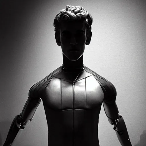 Image similar to “ a realistic detailed photo of a guy who is an attractive humanoid who is half robot and half humanoid, who is a male android, soccer player antoine griezmann, shiny skin, posing like a statue, blank stare, at the museum, on display ”