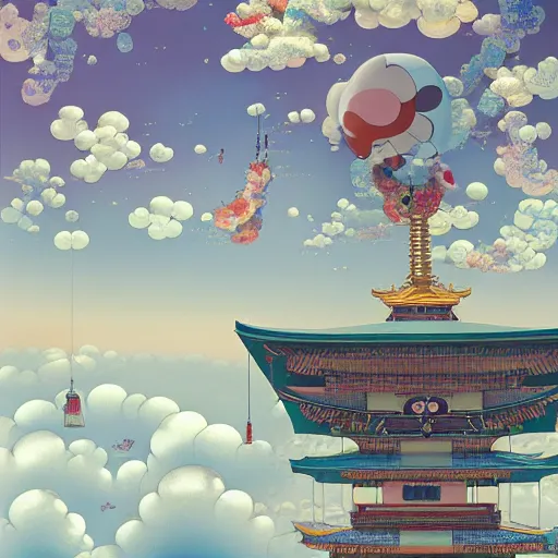 Prompt: a man walking on clouds above kyoto by takashi murakami, beeple and james jean, aya takano color style, 4 k, super detailed