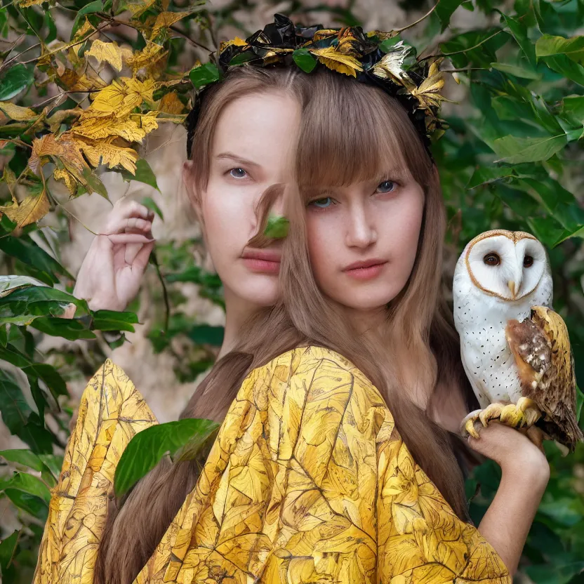 Image similar to portrait photograph of an extremely beautiful!!!! young female , symmetric face!, symmetric round detailed eyes!!, slight smile, natural light, wearing a yellow kimono!! with a very detailed barn owl! on her shoulder in a tropical greenhouse. looking at the camera!!. golden crown made of golden leaves. super resolution. Extremely detailed. Graflex camera!, bokeh!!!!!.