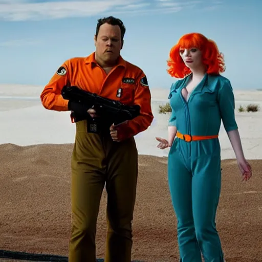 Image similar to vince vaughn as jack fenton, he is wearing an orange coveralls bodysuit with a big sci - fi gun belt, and christina hendricks as maddie fenton, she is wearing a tight teal coveralls bodysuit with a big sci - fi gun belt, movie photo, spooky netflix still shot, they are looking for ghosts