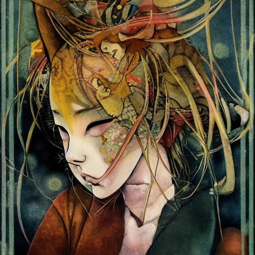 Image similar to ! dream yoshitaka amano blurred and dreamy realistic illustration of a cat, abstract patterns in the background, satoshi kon anime, noisy film grain effect, highly detailed, renaissance oil painting, weird portrait angle, blurred lost edges, three quarter view