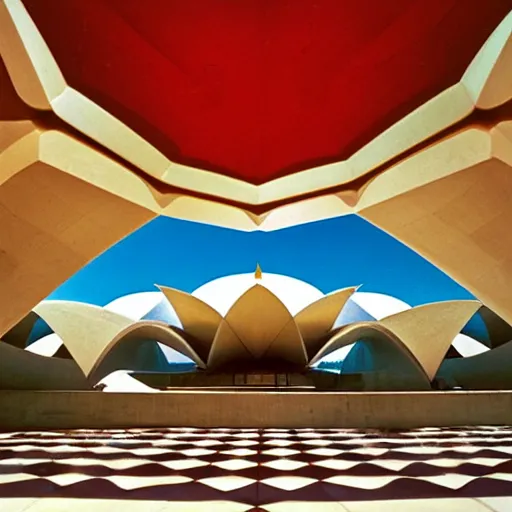 Image similar to interior of a futuristic lotus temple with gold, red and white marble panels, in the desert, by buckminster fuller and syd mead, intricate contemporary architecture, photo journalism, photography, cinematic, national geographic photoshoot