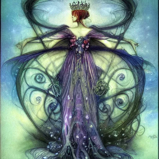 Image similar to queen of the dreamlands, misty night, beautiful! coherent! by brian froud, deep colors, strong lines, high contrast