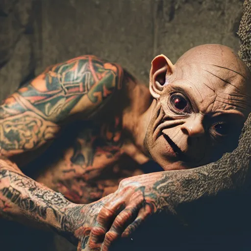 Prompt: gollum couching in a dungeon proudly wearing jewelry, hip hop style, tattoos, lotr, imax, foggy atmosphere, bokeh, professional studio shot, stylized photo, single image