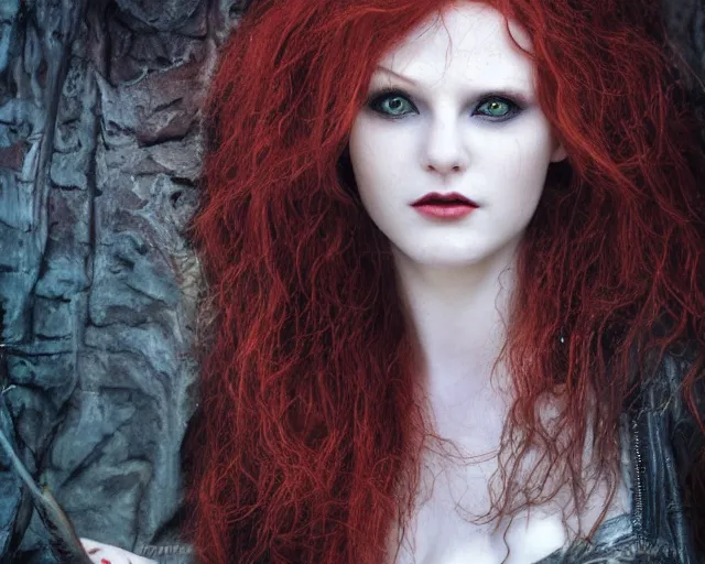 Image similar to award winning 5 5 mm close up face portrait photo of an anesthetic and beautiful redhead vampire elf lady who looks directly at the camera with bloodred wavy hair, intricate eyes that look like gems and long sharp fangs, in a park by luis royo. rule of thirds.