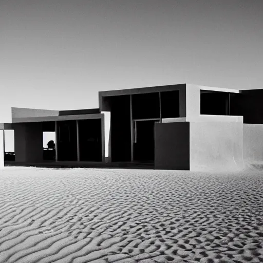 Image similar to A house designed by Miles Van Der Rohe in the middle of the sahara desert. Film Grain, colorized.