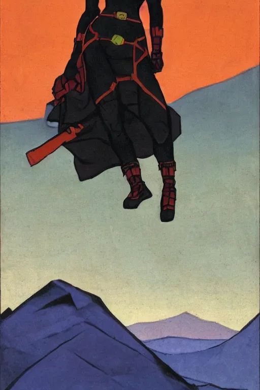 Image similar to black widow ( natasha romanova ) on mountains, marvel, artwork by nicholas roerich,