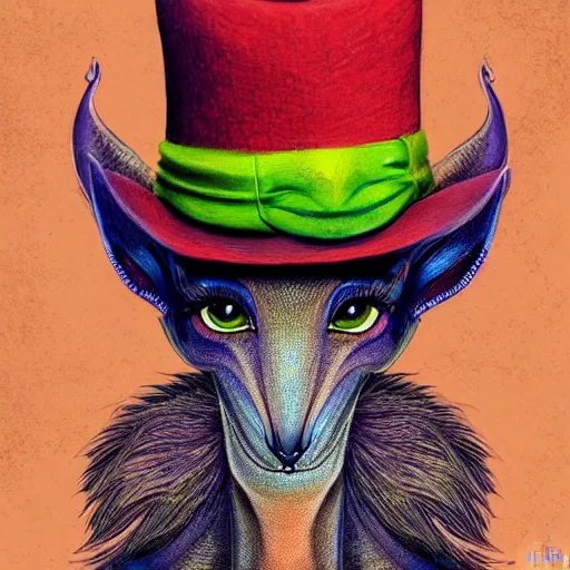 Image similar to a dik dik monster with tattoos wearing a fedora hat, colorful, digital art, fantasy, magic, trending on artstation, ultra detailed, professional illustration by basil gogos