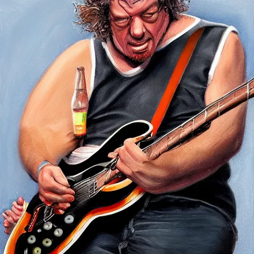 Image similar to Caricature portraits done of Dean Ween playing a guitar live on stage, realistic, hyperrealistic, very realistic, highly detailed, very detailed, extremely detailed, detailed, oil painting, digital art, trending on artstation