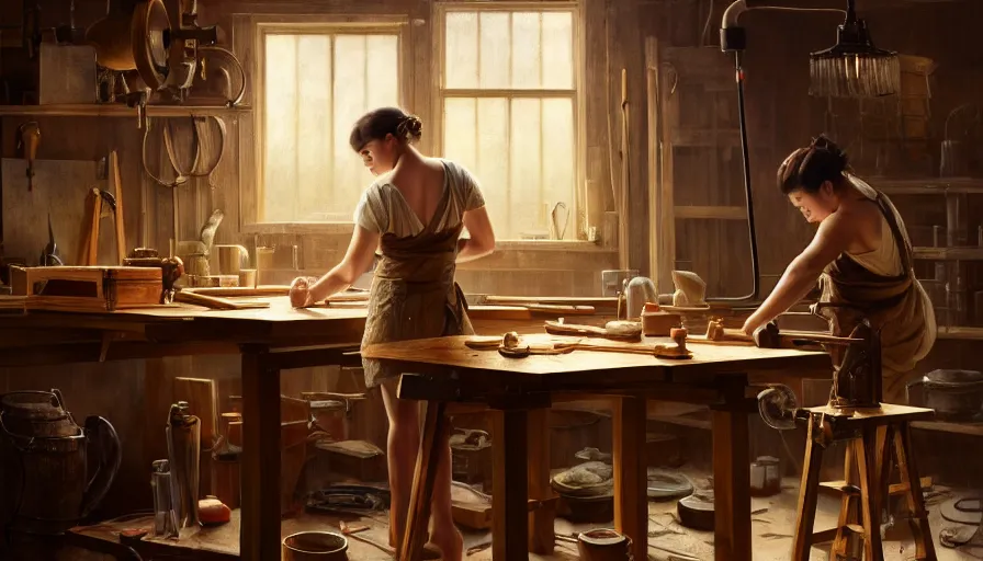 Image similar to highly detailed oil painting | very intricate | cinematic lighting | award - winning | simple carpenter fine craftsman | building a wooden table in their well organized clean workshop | beautiful cinematic light, american romanticism, by huang guangjian, gil elvgren, ruan jia, randy vargas, greg rutkowski, artstation, cgsociety, official art, octane