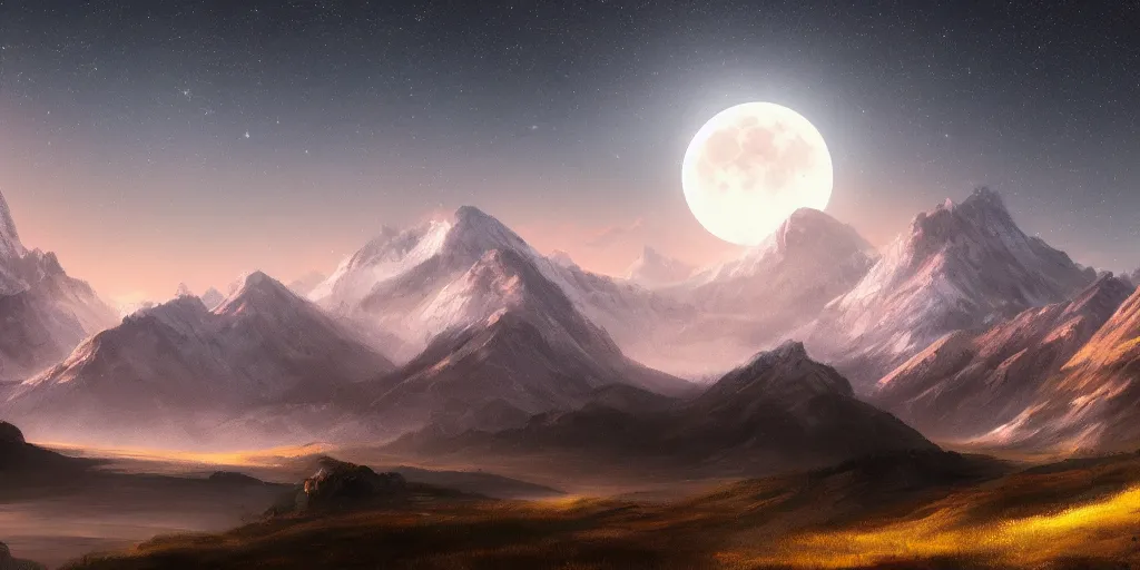 Image similar to large mountains in the distance, moon in the night sky, landscape wallpaper, d&d art, fantasy, painted, 4k, high detail, sharp focus, artstation