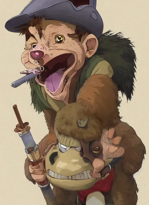 Image similar to studio ghibli pathfinder 2 e illustration of a goblin mixed with a monkey smoking a cigar, pirate themed, character portrait, unreal engine, hyper realism, realistic shading, cinematic composition, realistic render, octane render, detailed textures, photorealistic, wide shot