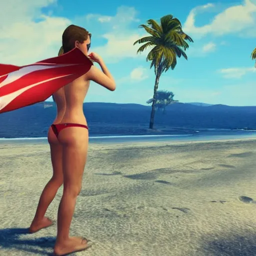Image similar to emma watson in red bikini in gta v taking a selfie on the beach, cover art by stephen bliss, artstation, no text