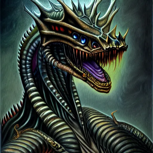 Image similar to Giger portrait of queen dragon, Dragon in dragon lair, HD, full body dragon concept, flying dragon, soft shading, soft colors, relaxed colors, hyperdetailed, wide angle lens, fantasy, futuristic horror, style of giger