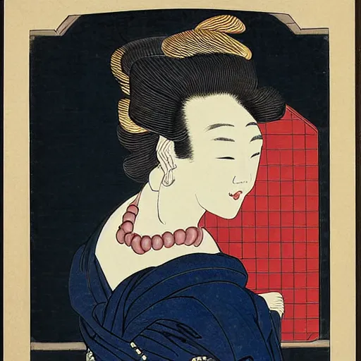 Prompt: Sculpture. A beatiful portrait of a young woman, pictured from the shoulders up, wearing a pearl necklace and earrings. She has blonde hair that is styled in loose curls, and she is looking to the side with a soft expression. cool indigo by Katsushika Hokusai, by Mat Collishaw robust