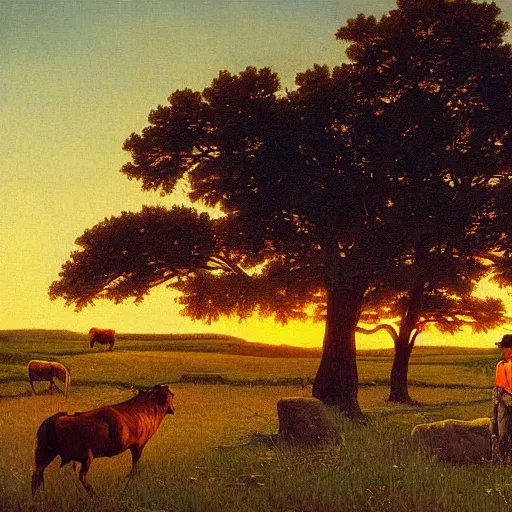 Image similar to a highly detailed painting of a beautiful prairie landscape at sunset with a lone rancher desperately trying to corral 100 cattle, Normal Rockwell