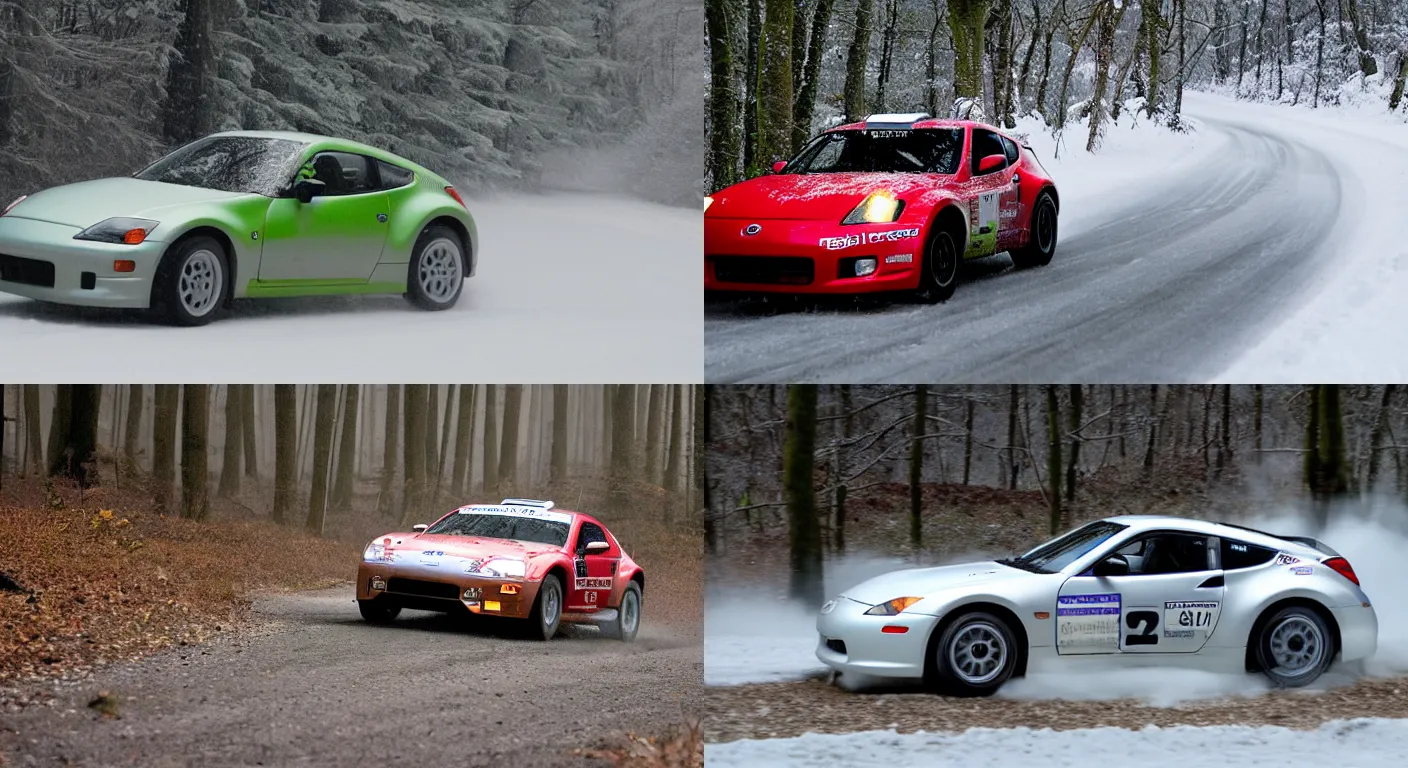 Prompt: a 2 0 0 3 nissan fairlady z, racing through a rally stage in a snowy forest
