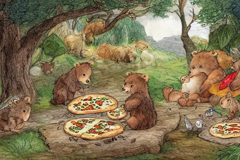 Image similar to a detailed and lively children's book illustration by beatrix potter of lots of woodland animals having a pizza party in the woods. a big pizza oven is tended by a large brown grizzly bear, and a stork flies above. digital art, trending on artstation.