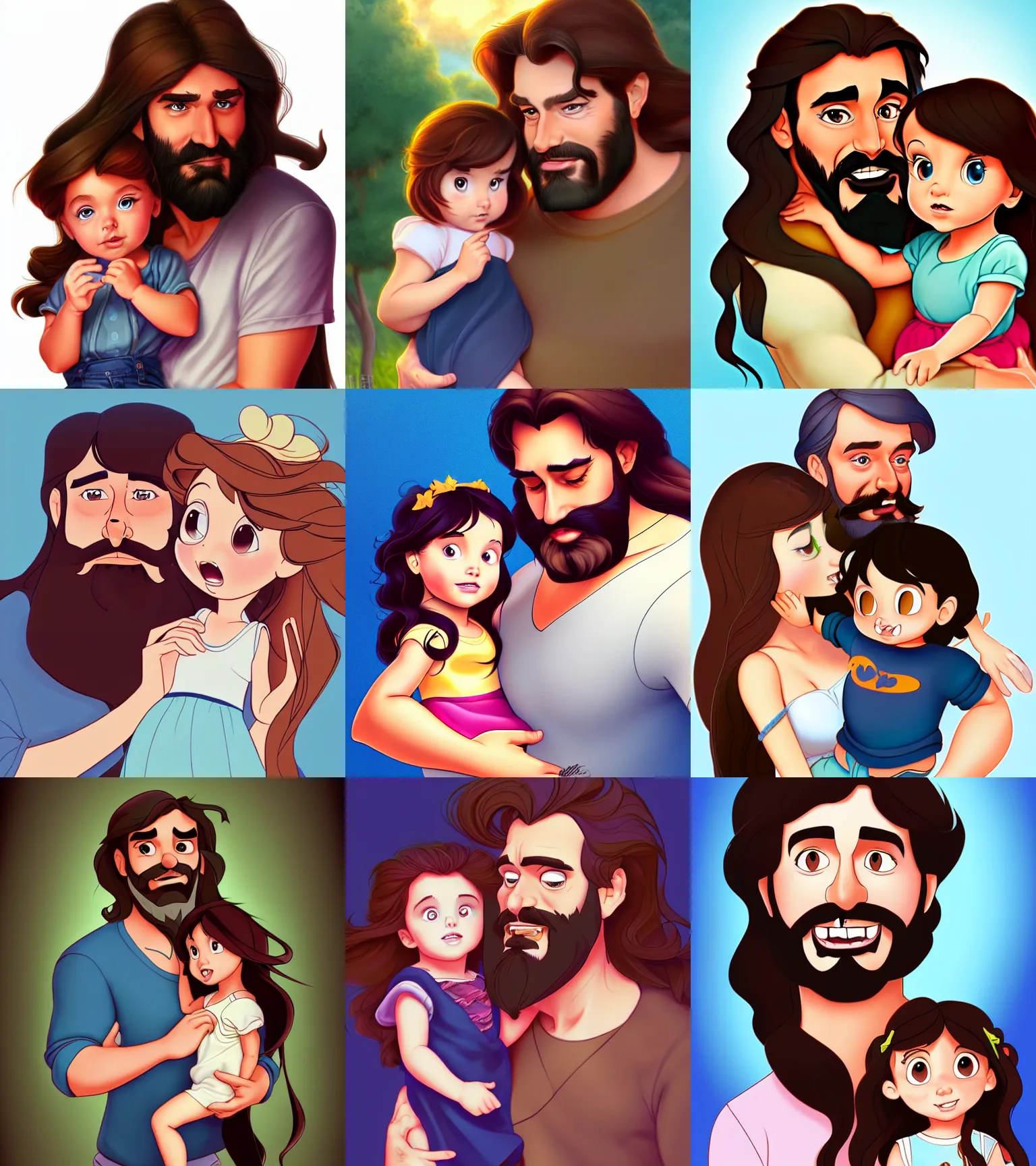 Image similar to a long - haired bearded father and his brunette child toddler girl full color digital illustration in the style of don bluth, artgerm, artstation trending, 4 k