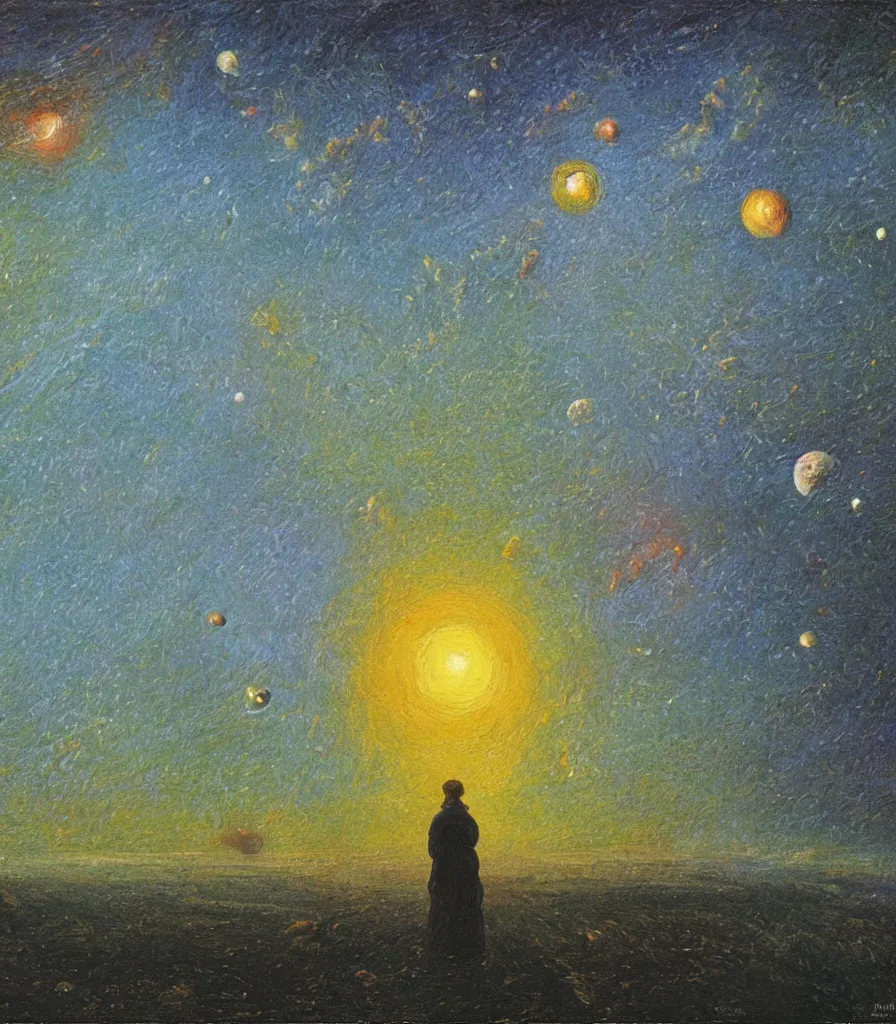 Image similar to an impasto oil painting of a beautiful planet in a the universe painted by caspar david friedrich, light colors, starts, galaxy, impressionism