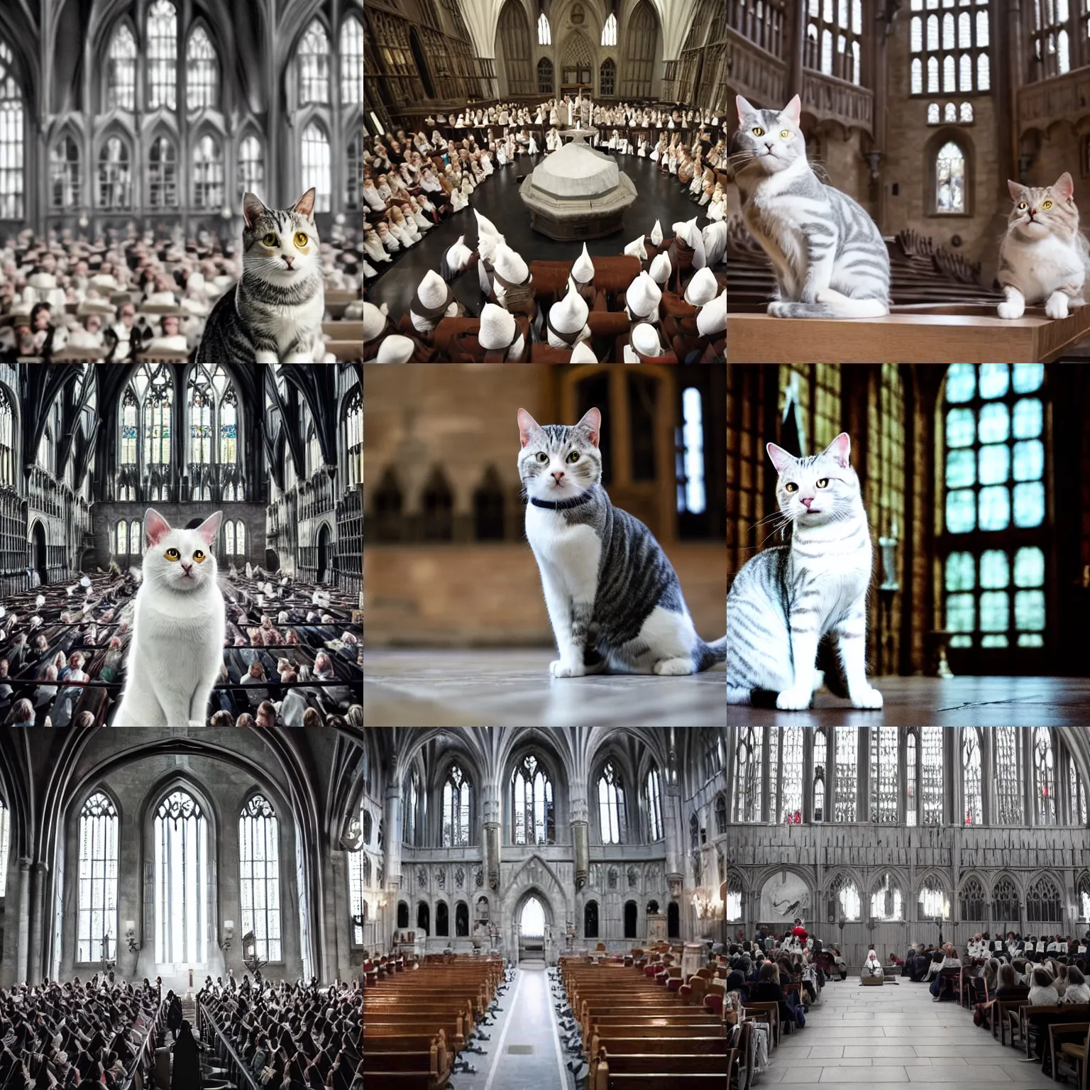 Prompt: wide shot of a white and grey tabby cat during the sorting hat ceremony in the hogwarts great hall, in the style of harry potter