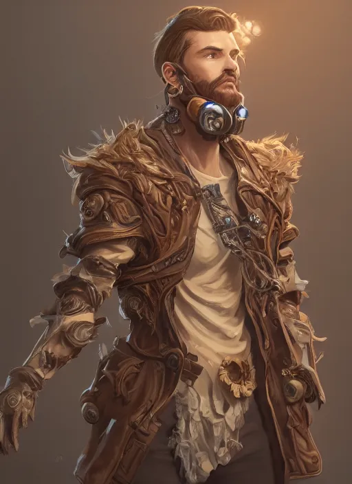 Prompt: a highly detailed illustration of thick wavy brown haired young white guy wearing brown coat and face mask, extra mechanical arms on his back, dramatic hands in pocket standing pose, intricate, elegant, highly detailed, centered, digital painting, artstation, concept art, smooth, sharp focus, league of legends concept art, WLOP