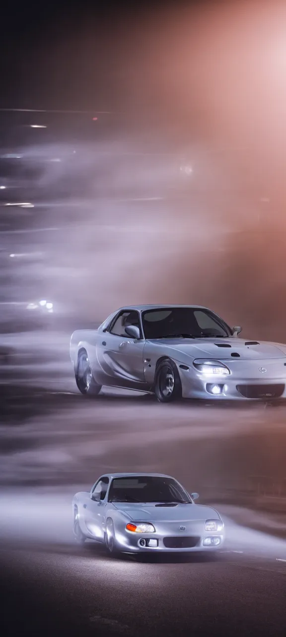 Image similar to a jdm mazda rx - 7 on a highway, cinematic, long exposure, white balance, 8 k, led, lumen global illumination, fog, ray tracing reflections