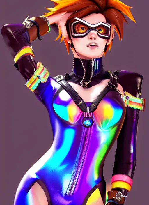 Image similar to portrait bust digital artwork of tracer overwatch, wearing iridescent rainbow latex and leather straps catsuit outfit, expressive happy face, makeup, in style of mark arian, angel wings, wearing detailed leather collar, chains, black leather harness, detailed face and eyes,