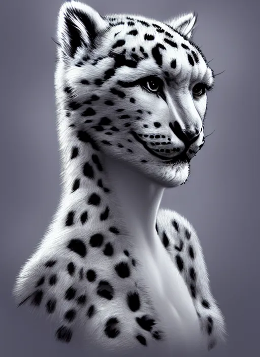 Image similar to Snow Leopard Woman, digital art, trending on Artstation