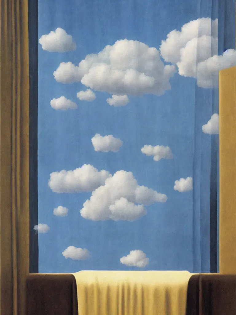 Image similar to curtains and clouds by rene magritte, detailed painting, hd, hq, high resolution, high detail, 4 k, 8 k