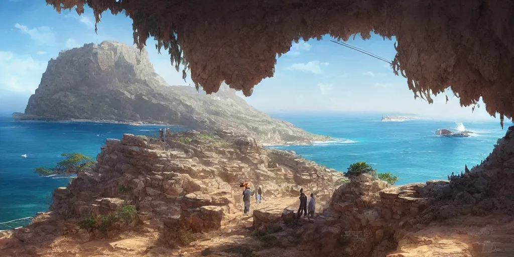 Prompt: looking out a car dash window to see the road to a mediterranean phoenician fishing village, over a chalk cliff, highly detailed, digital painting, artstation, concept art, sharp focus, illustration, art by artgerm and greg rutkowski and raphael lacoste and magali villeneuve