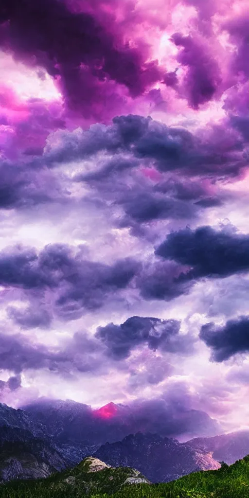 Image similar to high quality digital artwork of colorful purple red magical storm clouds around a tall mountain range