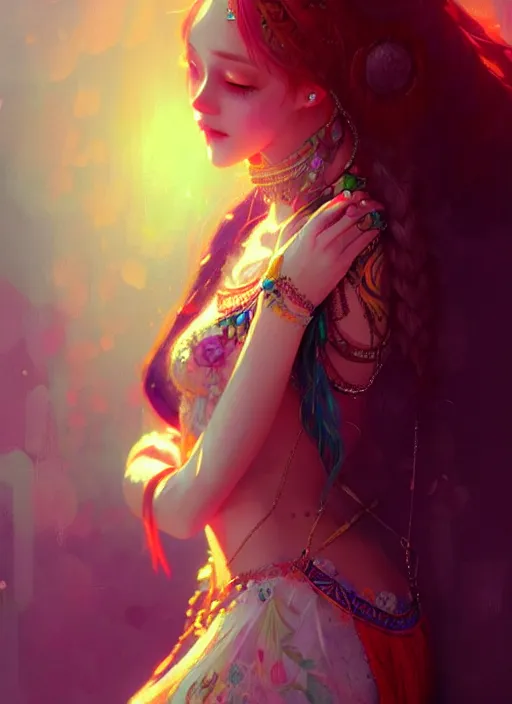 Image similar to a beautiful bohemian girl, intricate, highly detailed, digital painting, Pixiv, Artstation, official media, anime key visual, concept art, rich vivid colors, ambient lighting, sharp focus, illustration, art by WLOP