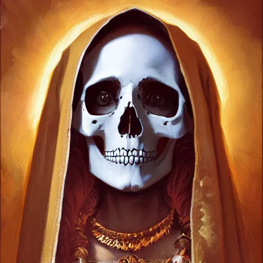 Image similar to painting of the virgin mary skull face by greg rutkowski and jc leyendecker