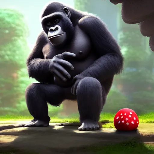 Image similar to animation key shot of a gorilla holding a very small red mushroom, chilled out smirk on face, studio ghibli, pixar and disney animation, sharp, rendered in unreal engine 5, anime key art by greg rutkowski, bloom, dramatic lighting made by banksy