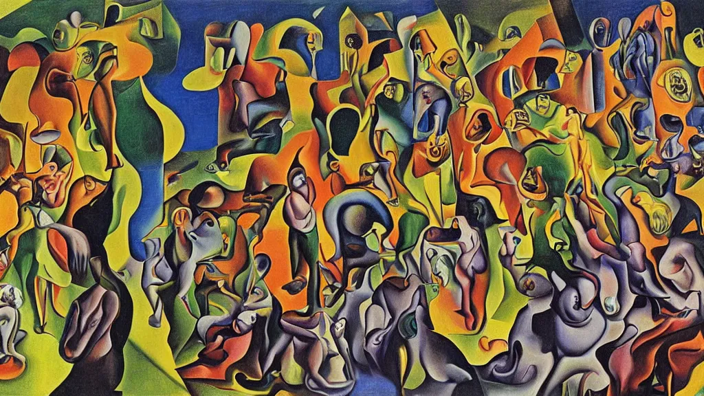 Prompt: unholy gathering, 4K, Dadaism & Fauvism, colorized, by collaboration of Salvador Dali, Van Gogh and M. C. Escher