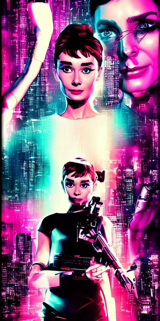 Prompt: audrey hepburn cyberpunk, synthwave poster,